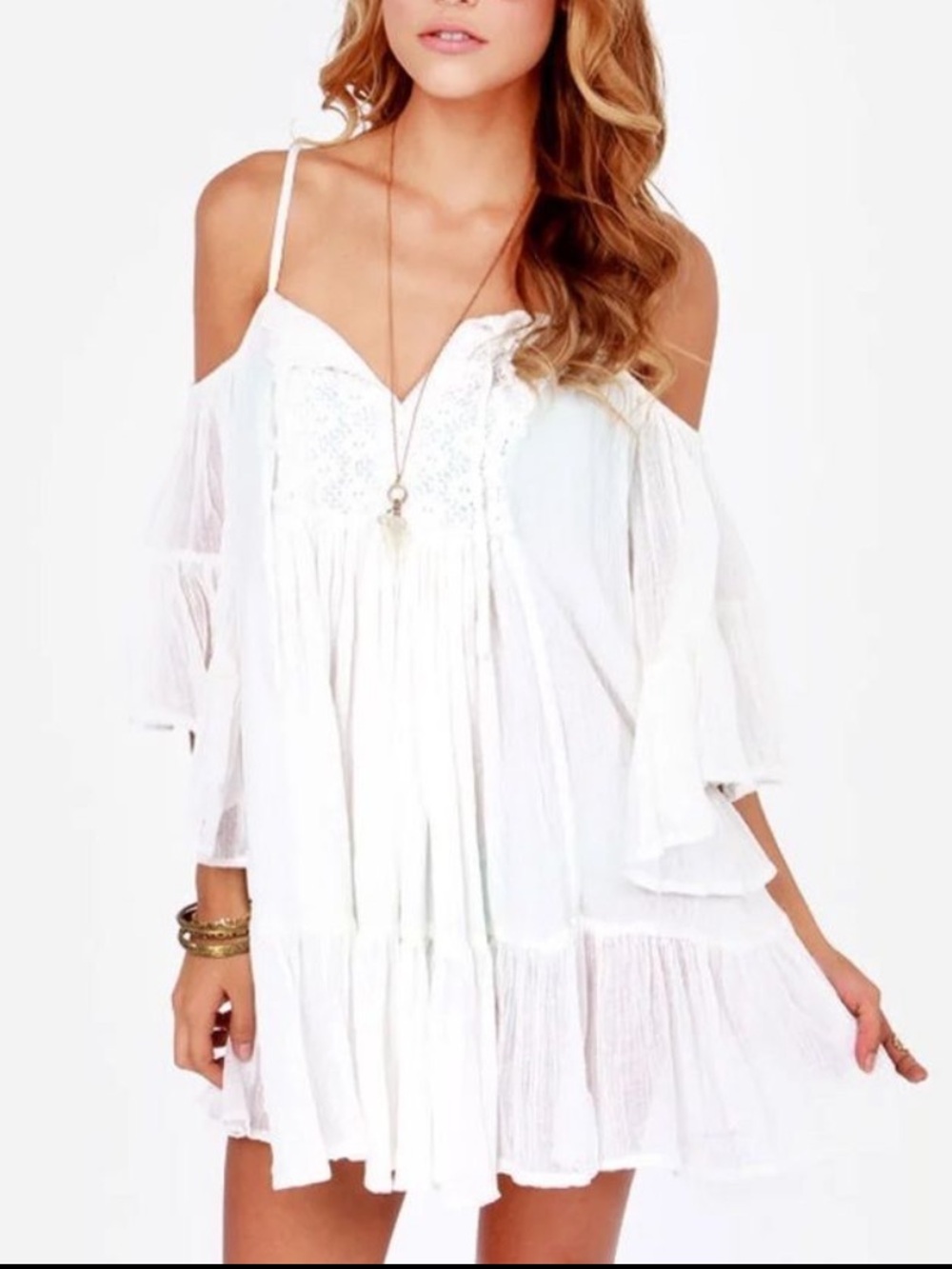 Roxy x Lulus Roxy Beach Dreamer Off-the-Shoulder Ivory Dress sz M Boho Vacation